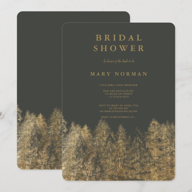 Invitation Gris de feuilles d'or Pin d'automne douches nuptia (Devant / Derrière)