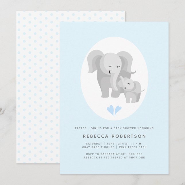 Invitation Gris éléphant mère et bébé garçon douche bleu clai (Devant / Derrière)