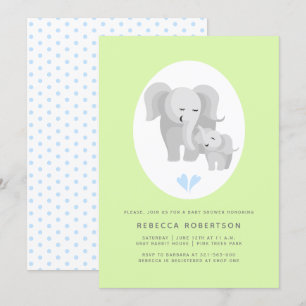 Invitation Gris éléphant mère et bébé garçon douche vert clai