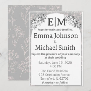 Invitation Gris et blanc Elégance moderne Floral Line Art