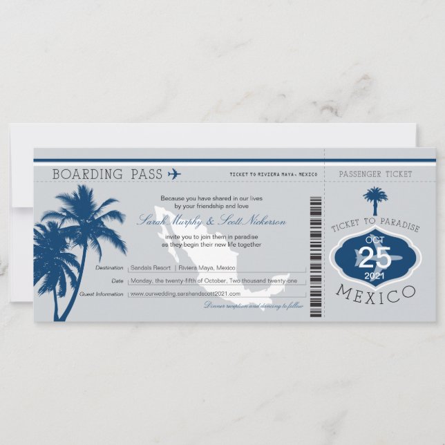 Invitation Gris et marine Blue Mexico Boarding Pass Mariage (Devant)