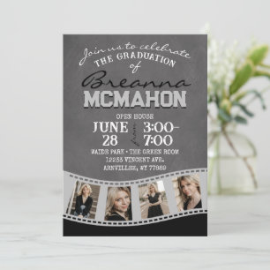 Invitation Gris et noir Tableau noir Photo Filmstrip Graduati