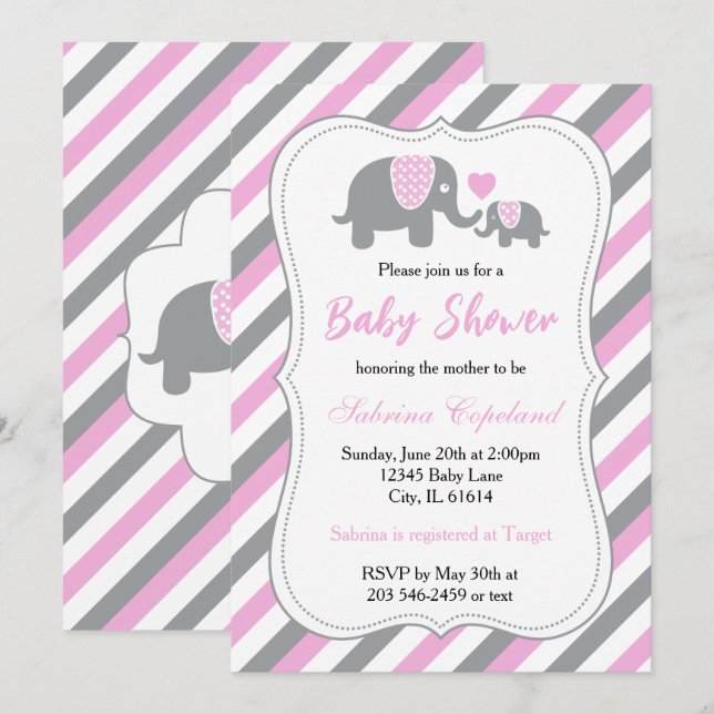 Invitation Gris et rose Bébé Eléphant | BABY SHOWER (Devant / Derrière)