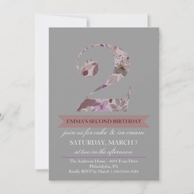 Invitation Gris et violet Floral Deux Anniversaires Invitatio (Devant)