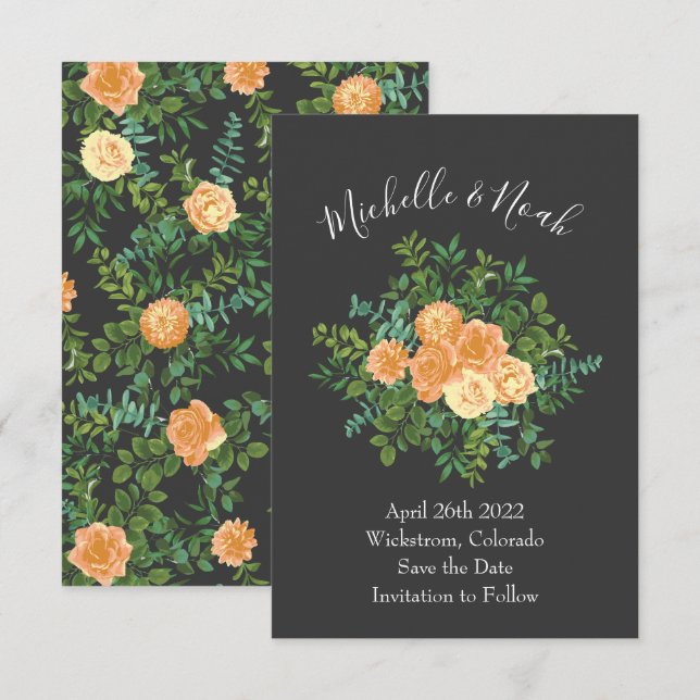 Invitation Gris foncé Pêche Mariage Floral moderne (Devant / Derrière)