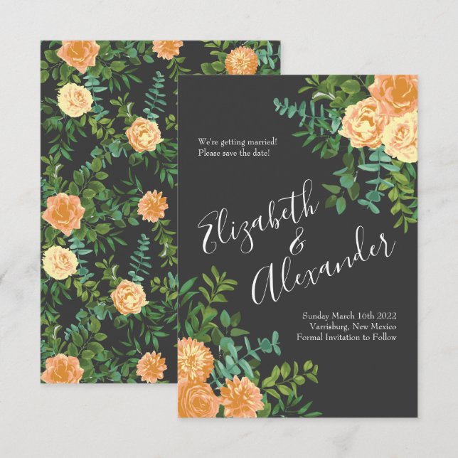 Invitation Gris foncé Pêche Mariage Floral moderne (Devant / Derrière)