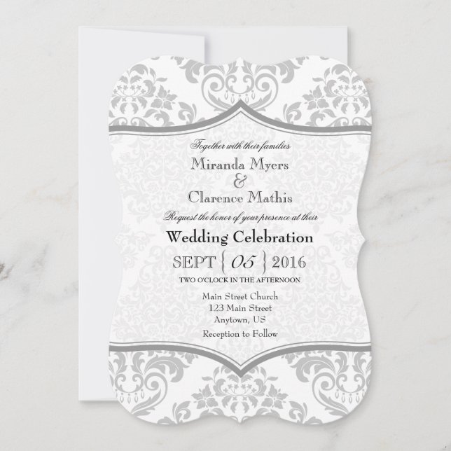 Invitation Gris Gris Blanc Damas Bracket Mariage Invite (Devant)
