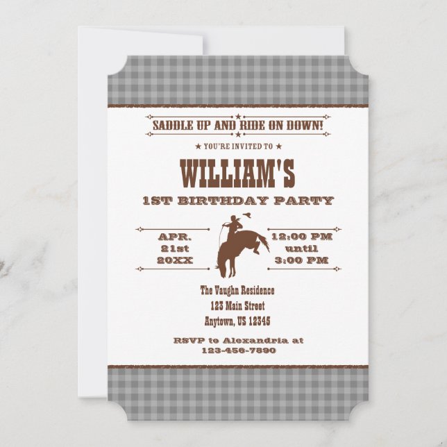 Invitation Gris Gris Plaid Cowboy Rodeo Anniversaire Invitati (Devant)