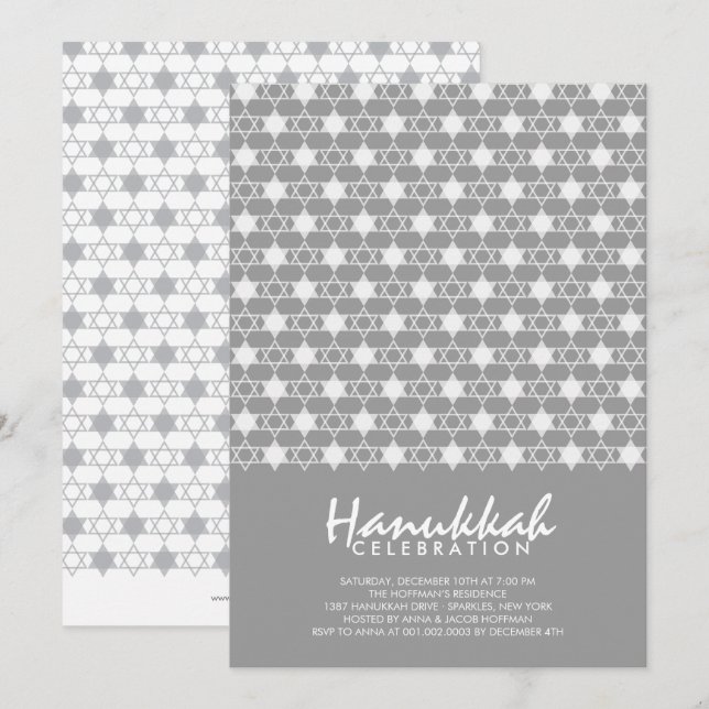 Invitation Gris Hanoukka Étoiles De David Motif Fête Fête (Devant / Derrière)