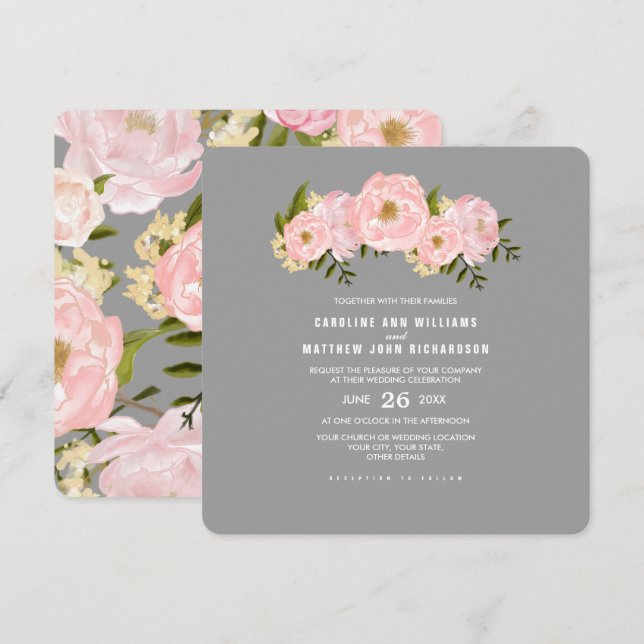 Invitation Gris | Mariage couleur d'aquarelle pour les pivoin (Devant / Derrière)