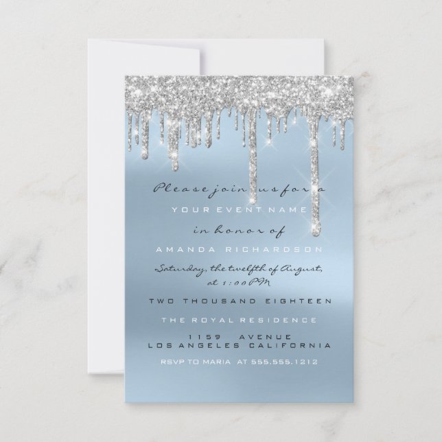 Invitation Gris Pailleté Drips Argent Bleu Mariage Douce 16e (Devant)