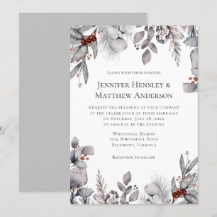 Invitation Gris pâle, Argent Terracotta Mariage d'hiver