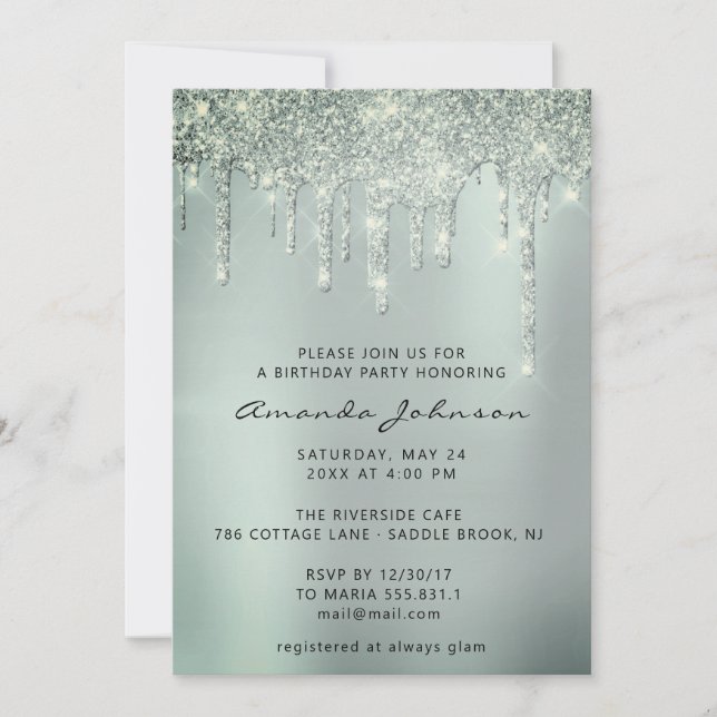 Invitation Gris Smoky Mint Parties scintillant Effet Drithday (Devant)