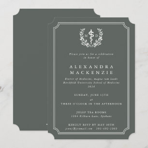 Invitation Gris-vert MD Asclepius + Laurel Wreath Graduation