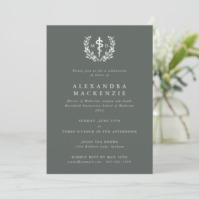 Invitation Gris-vert MD Asclepius + Laurel Wreath Graduation (Debout devant)