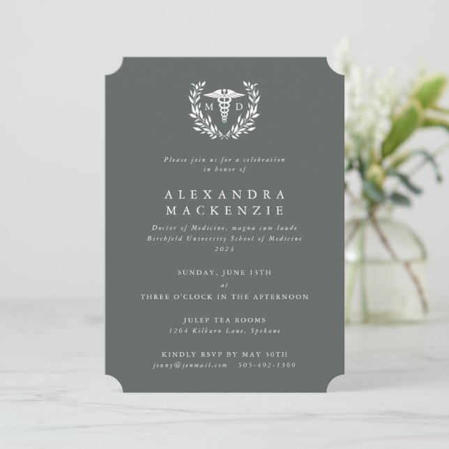 Invitation Gris-vert MD Caduceus+Laurel Wreath Graduation (Debout devant)