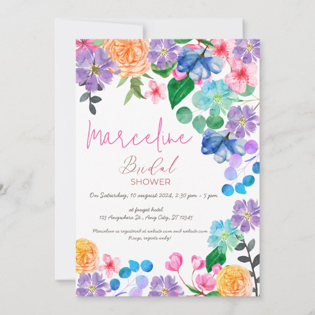 Invitation Grisaille rose vif floral aquarelle bridaI (Devant)