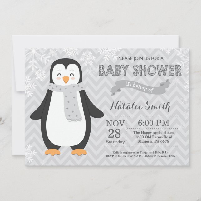 Invitation grise de baby shower de pingouin (Devant)