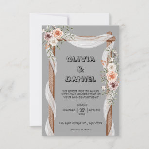 Invitation grise, marron, rustique et rose