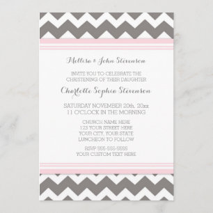 Invitation grise rose de baptême de Chevron