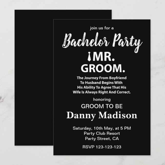 Invitation Groom Bachelor Party (Devant / Derrière)