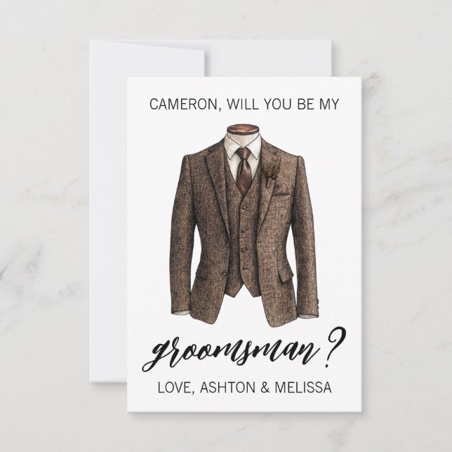 Invitation Groomsman Proposal Card, Brown Tweed Suit Jacket (Devant)