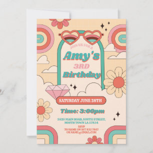 Invitation Groovy 3ème Filles Roses Rétro Vintage Années 70 F