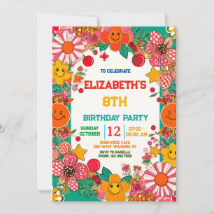 Invitation Groovy Daisy & Smiley Face Anniversaire Rétro