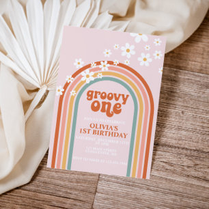 Invitation Groovy One bohème daisy arc-en-ciel premier annive