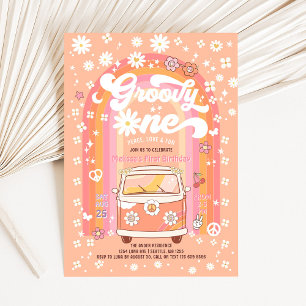Invitation Groovy ONE Daisy Peach Rainbow 1er Anniversaire