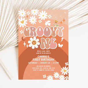 Invitation Groovy ONE Marguerite Hippie 70's Rétro 1er Annive