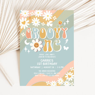 Invitation Groovy ONE Marguerite Hippie 70's Rétro 1er Annive