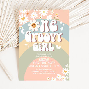 Invitation Groovy ONE Marguerite Hippie 70's Rétro 1er Annive