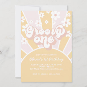 Invitation Groovy One Pastel Rétro Sunshine marguerite Rose