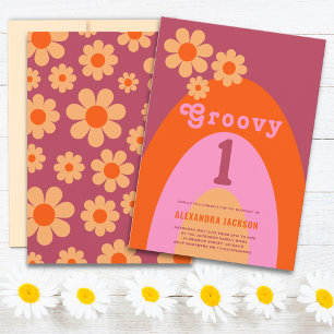 Invitation Groovy One Retro Daisy Arche Fête d'anniversaire 1