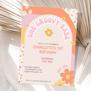 Invitation Groovy One Rétro Daisy Fille Arc-en-ciel Premier A