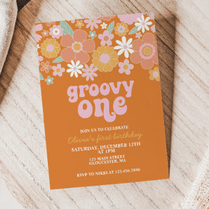 Invitation Groovy One Retro Floral premier anniversaire