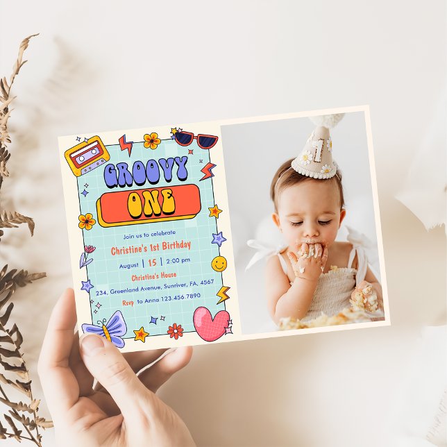 Invitation Groovy One Retro Hippie 1ère fête d'anniversaire P (Créateur téléchargé)