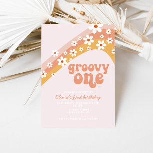 Invitation Groovy One Retro marguerite boho floral premier an