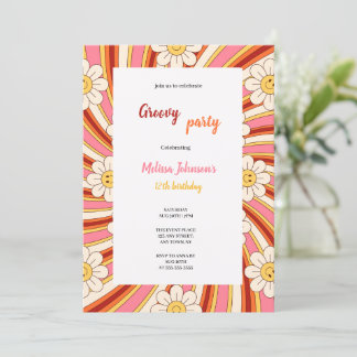Invitation groovy rouge,orange,rose,jaune anniversaire avec f