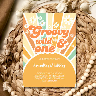 Invitation Groovy sauvage et un anniversaire de soleil rétro