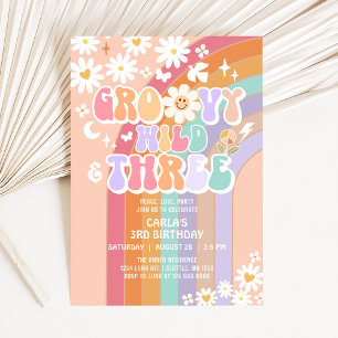 Invitation Groovy Wild et Trois Hippie Rétro 3e Anniversaire
