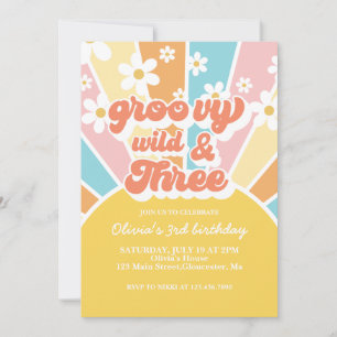 Invitation Groovy Wild Trois Rétro Sunshine Rainbow Daisy