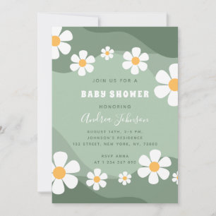 Invitation GroovySage Green Retro Boho Daisy Baby shower
