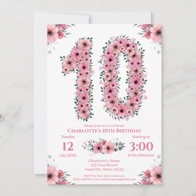 Invitation Gros 10e anniversaire Fille du feuillage vert Fleu (Devant)