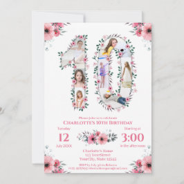 Invitation Gros 10e anniversaire fille photo Collage Fleur ro