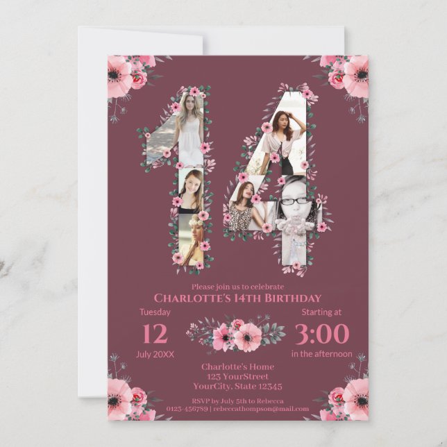 Invitation Gros 14e anniversaire fille photo Collage Fleur ro (Devant)