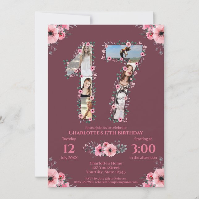 Invitation Gros 17ème anniversaire fille photo Collage Fleur  (Devant)