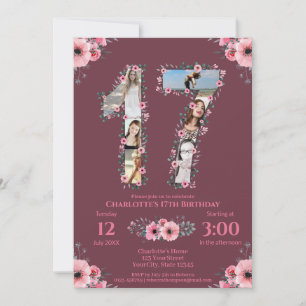 Invitation Gros 17ème anniversaire fille photo Collage Fleur 