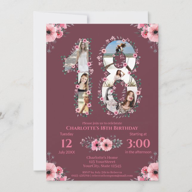 Invitation Gros 18e anniversaire fille photo Collage Fleur ro (Devant)